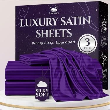 Imagem de SLEEP SANCTUARY Lençóis de cetim tamanho solteiro – Conjunto de cama sedosa de luxo de 3 peças, mais macio que seda, bolso profundo de 38 cm, refrescante e sem rugas, absorvente de umidade e