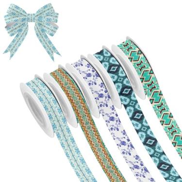 Imagem de SEHANY 5 rolos de fita de Natal 0,59 polegadas 5 jardas fitas de tecido boêmio fitas de cetim festivas fitas decorativas de Natal para embrulho de presente faça você mesmo artesanato grinalda