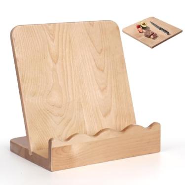 Imagem de Suporte de livro de receitas de madeira recortada com tábua de corte removível – suporte de livro de receitas ajustável, tábua de charcutaria e bandeja de servir de cozinha – decoração de contagem de