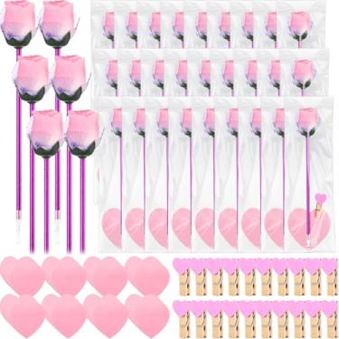 Imagem de Yexiya 48 conjuntos de canetas de flores para dia dos namorados, sala de aula, presentes para crianças, canetas esferográficas rosa dos namorados com notas adesivas, clipes de coração, sacos de