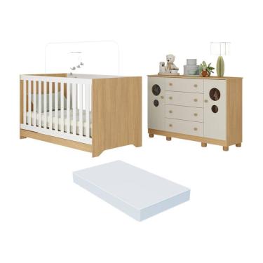 Imagem de Berço Americano 3 em 1 com Colchão Incluso e Cômoda 2 Portas 4 Gavetas Bombom Multimóveis MP4720