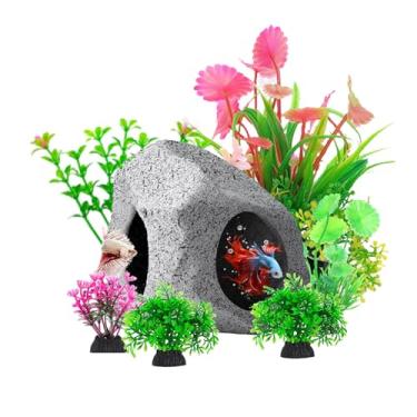 Imagem de GOFYLIN Conjunto de decoração de aquário, caverna de pedra esconderijo de aquário com 6 plantas artificiais, ornamentos de resina com flores rosa e folhagem verde