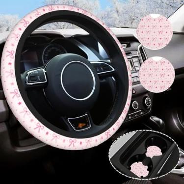 Imagem de Capa de volante com estampa de laço rosa, capa de volante antiderrapante universal de 35 a 38 cm, acessórios de carro para mulheres e homens