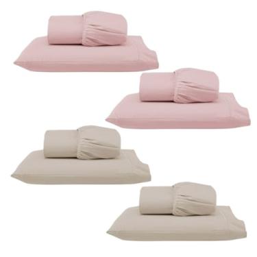 Imagem de Kit 4 Jogos de Lençol Solteiro com Elástico e Fronha Bordada em Ponto Palito, 8 Peças em Micropercal 300 Fios 100% Poliéster (4 Jogos Solteiro Versat (2 Rosê/2 Cáqui))