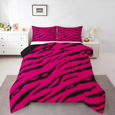 Imagem de jejeloiu Conjunto de edredom com listras de zebra, estampa de leopardo, 2 fronhas, Queen, pele de animal selvagem, rosa, respirável, macio