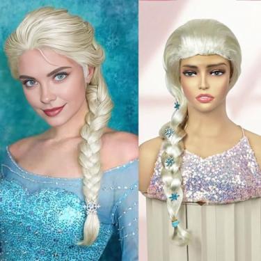 Imagem de Perucas loiras femininas de cabelo sintético resistente ao calor trançadas longas para cosplay festa de Halloween princesa