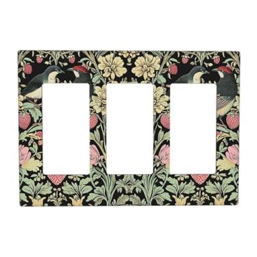Imagem de VGHOKO Capas decorativas para tomadas com pássaros e morangos florais retrô estilo William Morris, placa de parede de 3 gangues, capa de interruptor de luz tripla para decoração de casa vitoriana