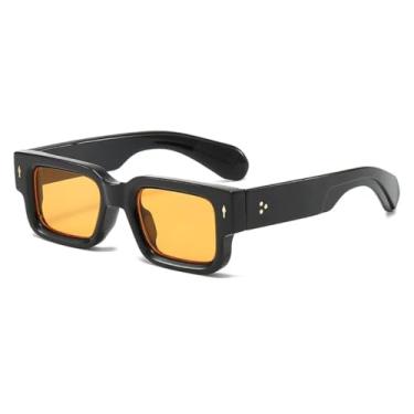 Imagem de HCHES Óculos de Sol Femininos Pequenos com Rebites Retrô, Estilo Masculino, Luxo, Proteção UV400, Casual (Preto e Amarelo)