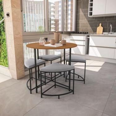 Imagem de Mesa de Jantar Tampo Mdp Redondo 4 Bancos Estofados Crome Industrial Canela/Preto Fosco