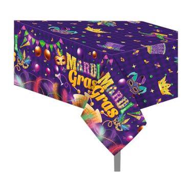 Imagem de CC HOME 1 toalha de mesa de plástico para festa de carnaval, 137 x 213 cm, capa de mesa longa, máscara de coroa roxa para festa com tema de carnaval, chá de bebê, aniversário, jantar, piquenique