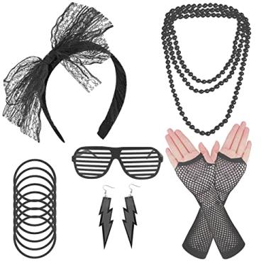 Imagem de Conjunto de acessórios para fantasia dos anos 80, brincos de renda, luvas arrastão, colar, pulseira, óculos, conjunto de fantasia de festa dos anos 80, Conjunto de 5 peças - preto, One Size
