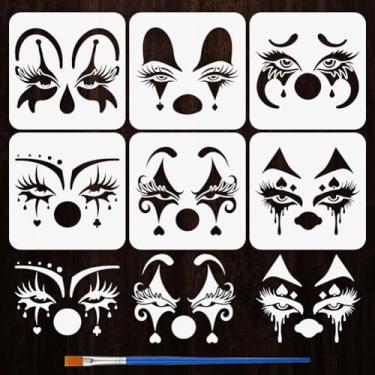 Imagem de FINGERINSPIRE 6 estilos de estênceis de padrão de olhos de palhaço com um pincel 19 x 19 cm, máscara de palhaço, estêncil, modelo de temas de personagens de PET para pintura em azulejo de madeira