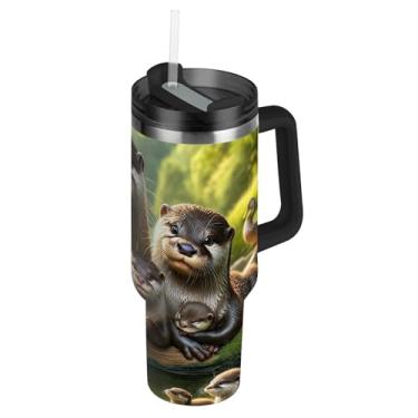 Imagem de Joisal Copos de aço inoxidável com tampa e canudos Animais Otter Family Tumbler para quente e frio à prova de vazamento 1,134 g copo com alça garrafas de água isoladas