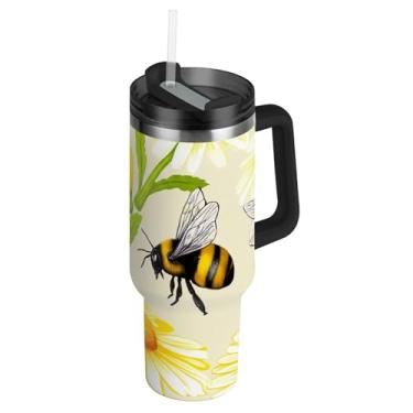 Imagem de Joisal Copos de aço inoxidável com tampas e canudos Abelhas Margaridas Pétalas Amarelas Carros Copo de Café Bebida Quente Térmico 1,134 g Copo com Alça Garrafa de Água Isolada