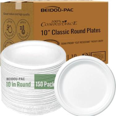 Imagem de BEIDOU-PAC Pratos de papel descartáveis resistentes compostáveis, 150 unidades | 25 cm redondo | Bagaço natural, branco, biodegradável, ecológico, churrasco, festa, reunião, piquenique bandeja de cana