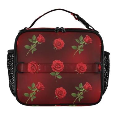 Imagem de Joisal Lancheira floral vermelha com estampa de folhas verdes para mulheres, meninas, lancheira com alça de ombro, masculina, infantil, lancheira para trabalho, escola, linda bolsa térmica floral