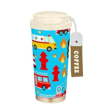 Imagem de TSENQUE Copo de café de viagem 473 ml com canudo e tampa, caneca de café de aço inoxidável à prova de vazamento para escritório, escola, festa, acampamento, caminhões de bombeiros, azul