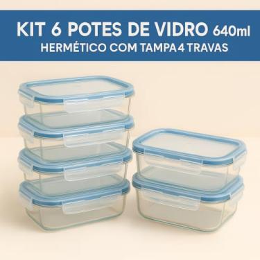 Imagem de Kit 6 Potes de Vidro 640ml Hermético com Tampa 4 Travas – Borossilicato, Marmita Fit, Freezer e Micro-ondas