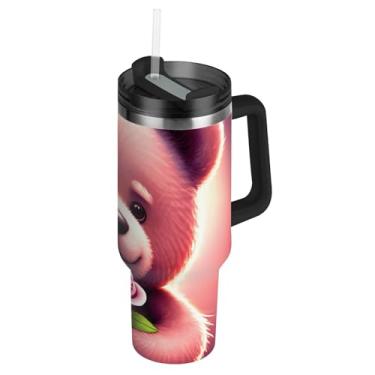 Imagem de Lindo ursinho de pelúcia rosas copos rosa com tampa e canudo copo à prova de vazamento com alça 850 g garrafa de água isolada garrafa de água de aço inoxidável para copo de carro