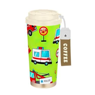 Imagem de TSENQUE Caminhões de bombeiros de desenho vermelho verde, copo de café de 473 ml com canudo e tampa de enchimento, copo de parede dupla isolado a vácuo com revestimento cerâmico para escritório