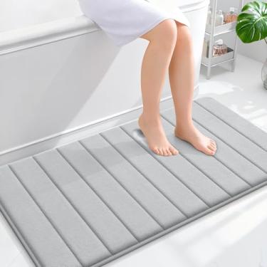 Imagem de OLANLY Tapete de banho listrado de espuma viscoelástica 111 x 61 cm, tapetes de banheiro absorventes super macios, secagem rápida, tapetes de chuveiro laváveis na máquina, tapete de banho, acessórios