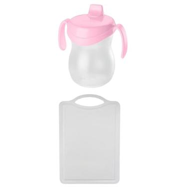 Imagem de Conjunto de 1 Tábua Branca Plástica de Corte para Alimentos + 1 Copo Infantil Atóxico de Plástico Rosa 310ml