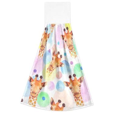 Imagem de Toalhas de cozinha com pontos coloridos de girafa aquarela com laço para pendurar conjunto de 2 toalhas de gravata de forno absorventes macias conjunto de 2, toalhas de cozinha decorativas 18,2 x 14