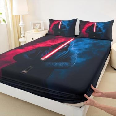 Imagem de Jogo de cama solteiro com tema sabre de luz, ficção científica, sabre de luz, para decoração de quarto de crianças, meninos e meninas, 2 peças, lençol com elástico estilo neon 3D, 1 fronha