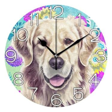 Imagem de Relógio de parede decorativo analógico redondo sem tique-taque silencioso quarto relógio de cozinha, arte de parede boho decoração de casa bonito Golden Retriever flor de cachorro, 25 cm, ponteiros