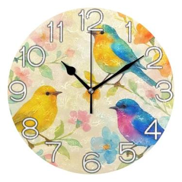 Imagem de GAIGEO Relógio de parede decorativo analógico redondo sem tique-taque silencioso quarto relógio de cozinha, decoração de parede de meados do século sala de estar aquarela pássaro flor floral, 25 cm