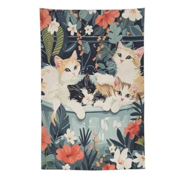 Imagem de Tapeçaria de parede floral para quatro gatinhos na banheira, decoração de gato fofo, arte boho, para banheiro, quarto, brincalhão, enforcamento, charmosa, natureza, cena, tapeçaria 152 x 227 cm