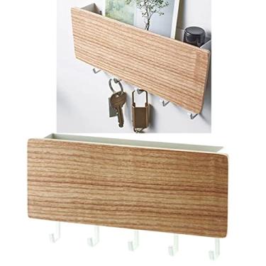 Imagem de GLOGLOW Rack de Armazenamento de Madeira Com 5 Ganchos, Bandeja de Armazenamento para Chaves e Acessórios, Suporte de Chave Montado na Parede da Organização Doméstica, Nan (Cor Madeira Natural)