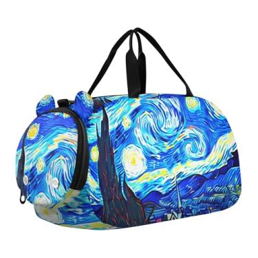 Imagem de Bolsa esportiva escocesa Highland com flores de vaca para meninas, bolsa de viagem noturna, compartimento de sapatos para meninos, Noite estrelada azul, Clássico