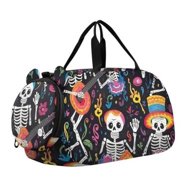 Imagem de Bolsa esportiva para meninos Highland Cow Pink Glasses Overnight Weekender Bolsa de viagem para meninas, esqueletos engraçados mexicanos pretos, Clássico