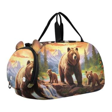 Imagem de Bolsa esportiva para meninos durante a noite para o fim de semana, lindas bolsas de viagem para jardim de rosas para meninas, Paisagem de ursos pardos 1, Clássico