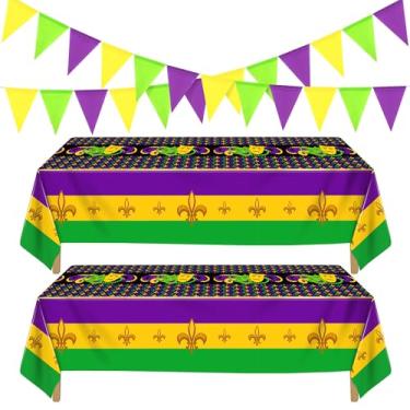 Imagem de Kochorie Pacote com 2 toalhas de mesa de plástico Mardi Gras com 2 faixas de flâmula, 274 x 137 cm, capa de mesa com tema de carnaval roxo, verde e amarelo, decoração de mesa de baile de máscaras para