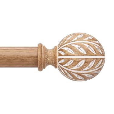 Imagem de Varão de cortina de madeira Boho, varões decorativos para janelas de 112 a 213 cm com acabamentos de folha de grão de madeira feitos à mão, hastes de tratamento de janela rústicas resistentes