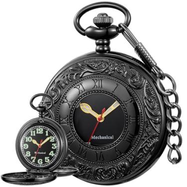 Imagem de Alwesam Relógio masculino mecânico com caixa de design vintage, mostrador duplo, algarismos romanos, relógio de bolso com corrente e caixa, Preto-55, presente