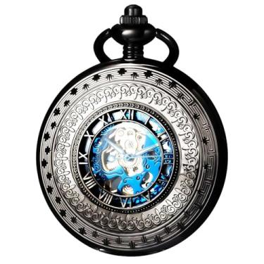 Imagem de DerMacht Relógio de bolso mecânico presente para homens, relógio de bolso esqueleto masculino mostrador romano com corrente, Ea. Números romanos, preto e azul