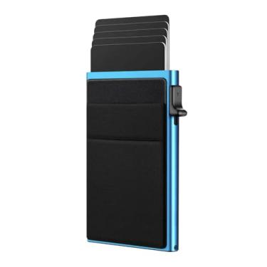 Imagem de Carteira masculina elegante de liga de alumínio preta – Design lateral com bloqueio de RFID com camada dupla traseira e porta-cartão de crédito, Azul, Tendência