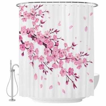 Imagem de Cortina de chuveiro rosa floral flor de cerejeira, pétalas brancas de primavera, tecido impermeável, conjunto de cortinas de chuveiro para banheiro, decoração de casa, lavável na máquina