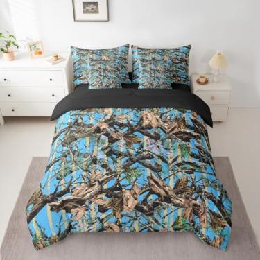 Imagem de Feelyou Conjunto de cama de 7 peças, para crianças, com folhas de caça selvagem, cama de árvore botânica em um saco com edredom, lençóis, fronhas, decoração de quarto, tema de natureza, azul e marrom
