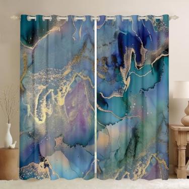 Imagem de Cortinas de grão de mármore dourado 196 cm x 114 cm, cortinas blecaute de mármore com estampa de mármore, cortinas abstratas, arte fluida de tinta, cortinas de janela, roxo pastel, verde-petróleo