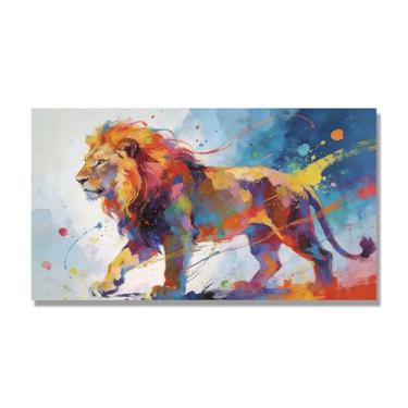 Imagem de NHLDZYH Pintura de leão colorida, impressão de arte abstrata vibrante, decoração de parede de animais selvagens e enérgicos, tela contemporânea moderna para quarto, academia, quarto de crianças. A118