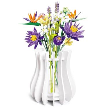 Imagem de Kit de vaso de madeira para Lego rosas flor de cerejeira tulipas girassol narcisos lótus lindo vaso de flores para arranjo de buquê de Lego decoração de casa para mulheres adultos (branco)