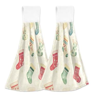 Imagem de Blueangle 2 peças meias de Natal toalhas de gravata penduradas toalha de mão toalha de mão absorvente macio coral veludo pano para cozinha banheiro (463)