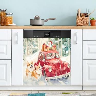 Imagem de xigua Capa magnética de Papai Noel e Corgi de Natal, adesivos magnéticos decorativos antiarranhões para painel de geladeira e lava-louças, decoração personalizada de cozinha doméstica 58 x 66 cm