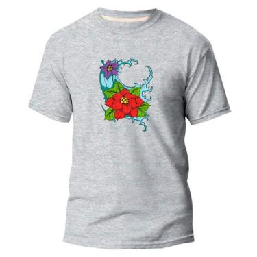 Imagem de  Camiseta Basica Algodão Premium Estampa Digital Flor - Pavesi, Cinza,