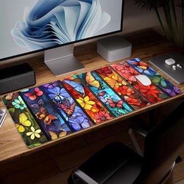 Imagem de Tapete de mesa borboleta de couro, mouse pad de arte colorida grande teclado de computador mousepad para jogos à prova d'água protetor e capa de mesa, tapete de mouse decorativo de couro PU para