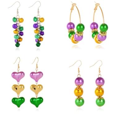 Imagem de Met-edianger Conjunto de 4 pares de brincos de carnaval carnaval, roxo, verde, amarelo, redondo, coração, contas, festa, festival, joias femininas